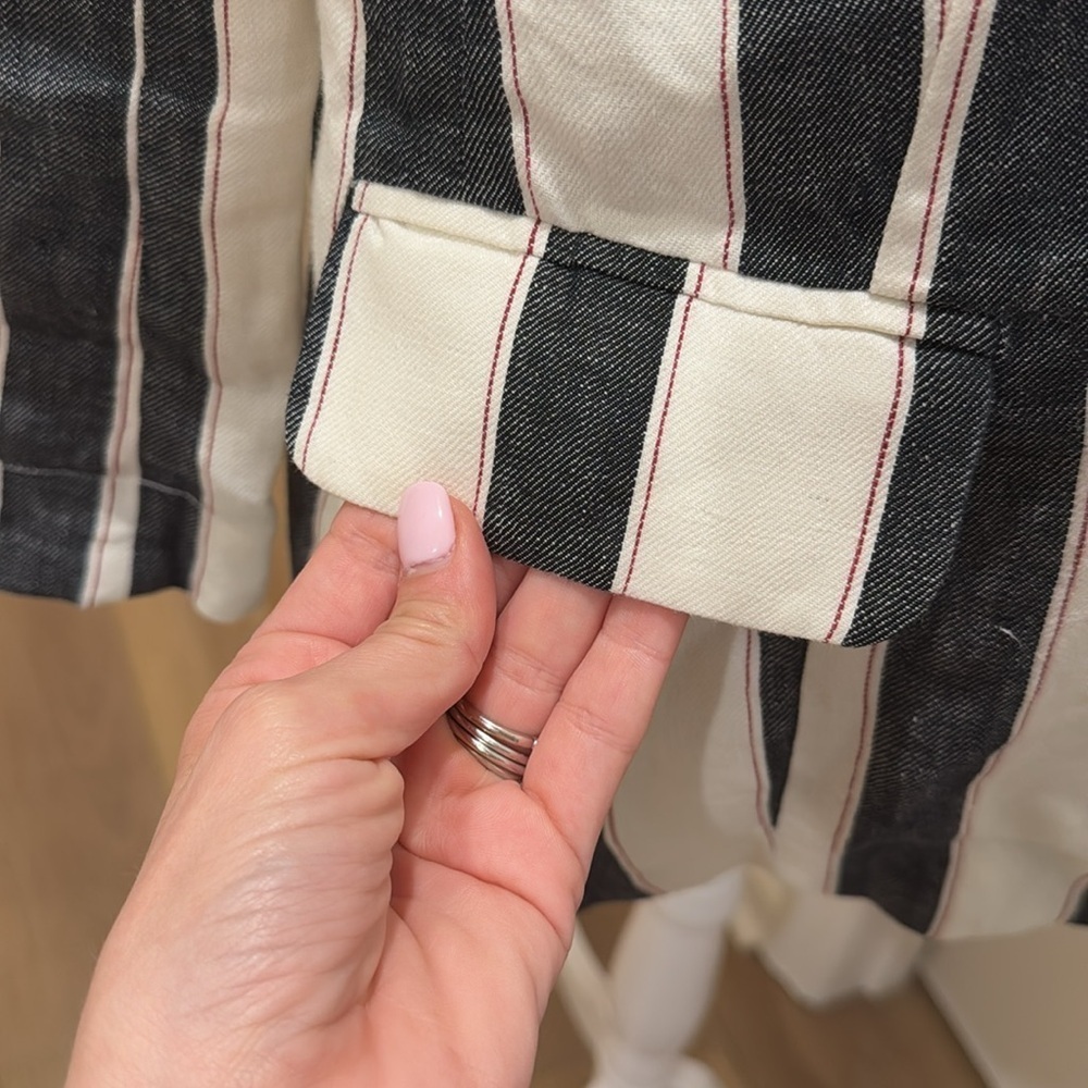 FRAME Bold Stripe Navy White Linen Blazer Sz 4 - Picture 15 of 16